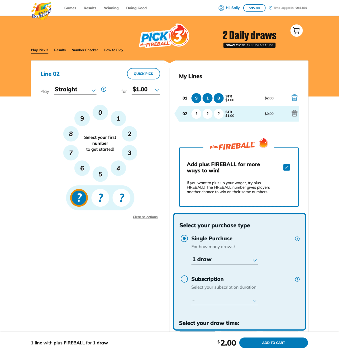 Select your purchase type and time of draw