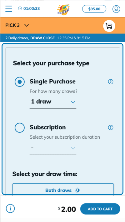 Select your purchase type and time of draw