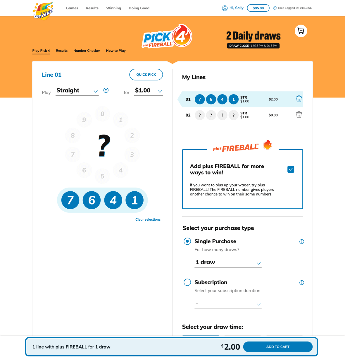 Select your purchase type and time of draw