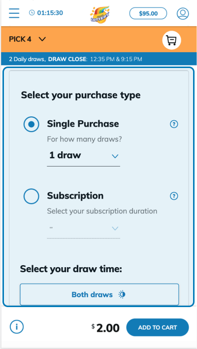 Select your purchase type and time of draw